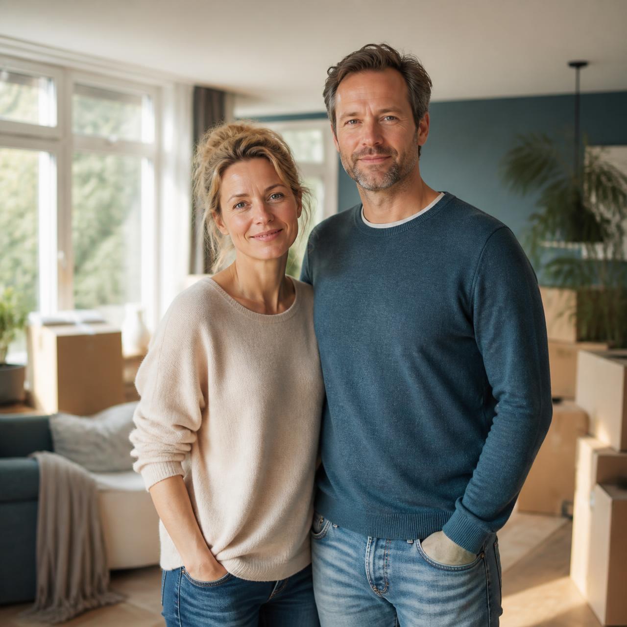 Echtpaar in hun woonkamer tussen verhuisdozen, gerustgesteld tijdens de verkoop van hun woning