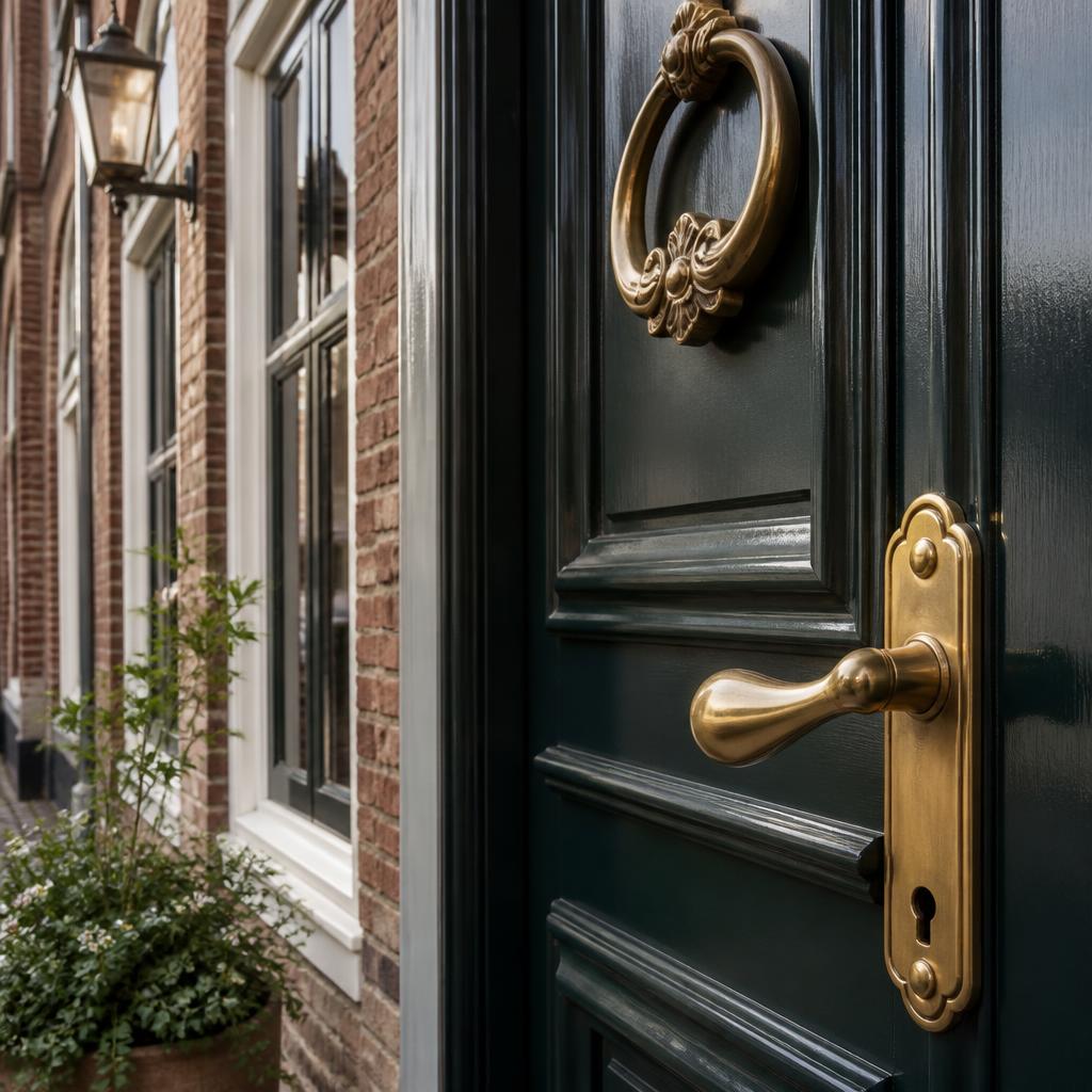 Detail van een klassieke voordeur met koperen beslag in de Goudse binnenstad